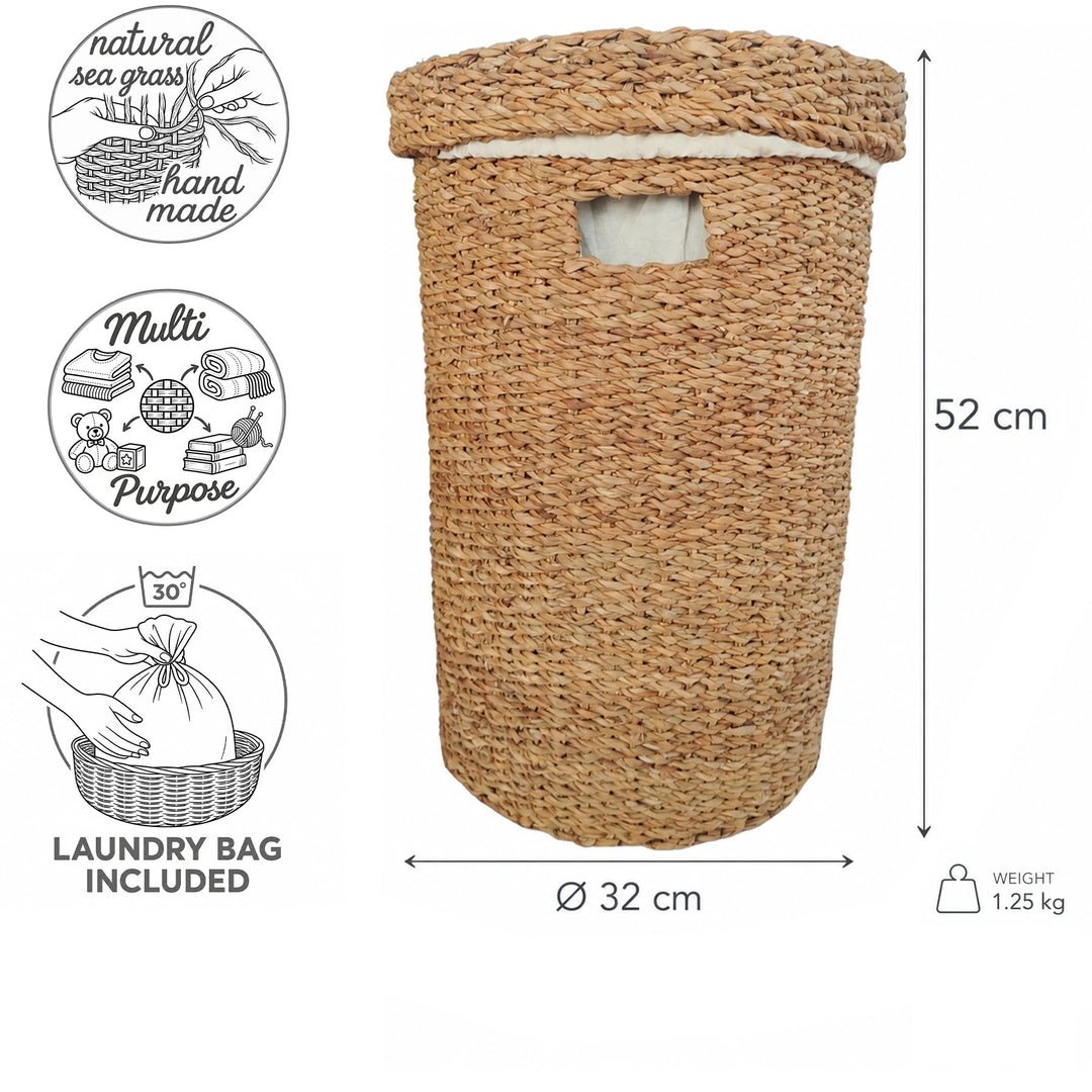 Wäschekorb aus Seegras mit Deckel, 38 Liter Volumen, Ø 32 cm, 52 cm Höhe und herausnehmbarem Wäschesack.