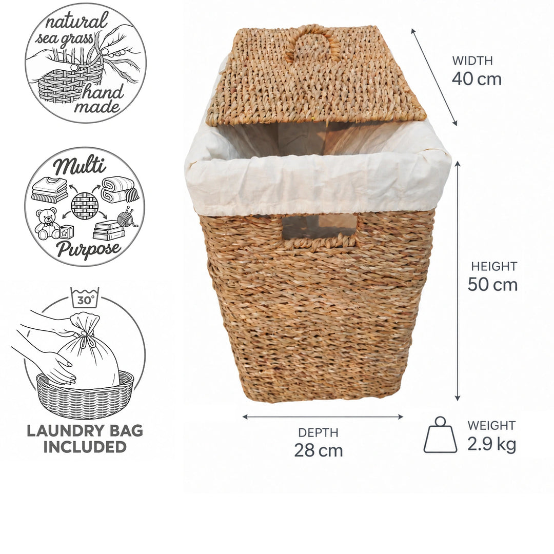 Wäschekorb aus Seegras mit 50 Litern Volumen: 40 cm breit, 28 cm tief, 50 cm hoch, 2,9 kg; mit Deckel und Wäschesack.