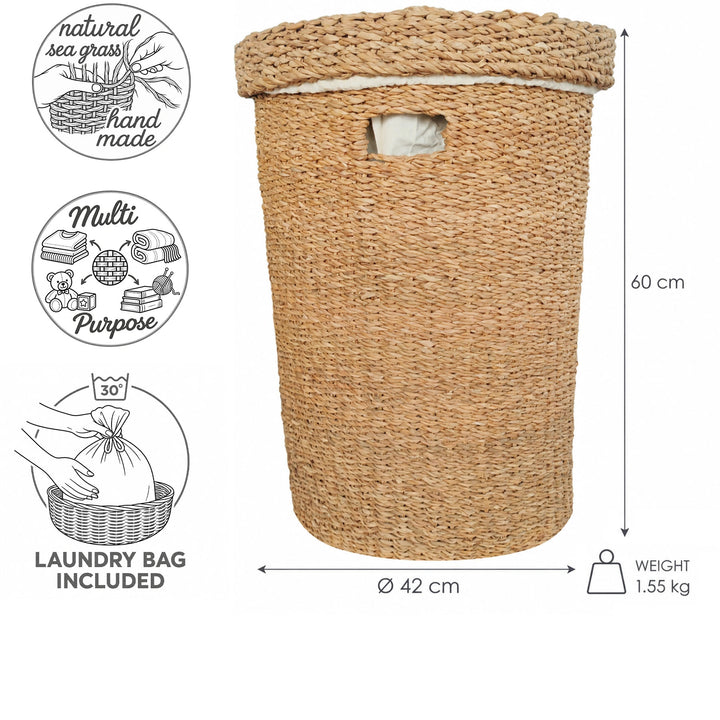 Wäschekorb aus Seegras mit Deckel, 75 Liter Volumen, Ø 42 cm, 60 cm Höhe und herausnehmbarem Wäschesack.