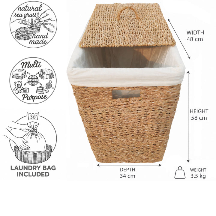 Wäschekorb aus Seegras mit 90 Litern Volumen: 48 cm breit, 34 cm tief, 58 cm hoch, 3,5 kg; mit Deckel und Wäschesack.