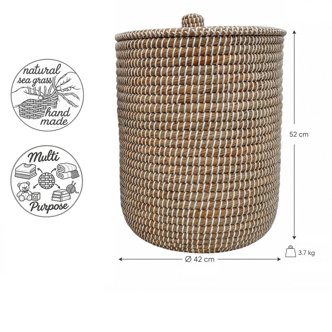 Wäschekorb aus Seegras in Natur/Weiß: Ø 42 cm, 52 cm Höhe, ca. 65 Liter Volumen und 3,7 kg Gewicht.