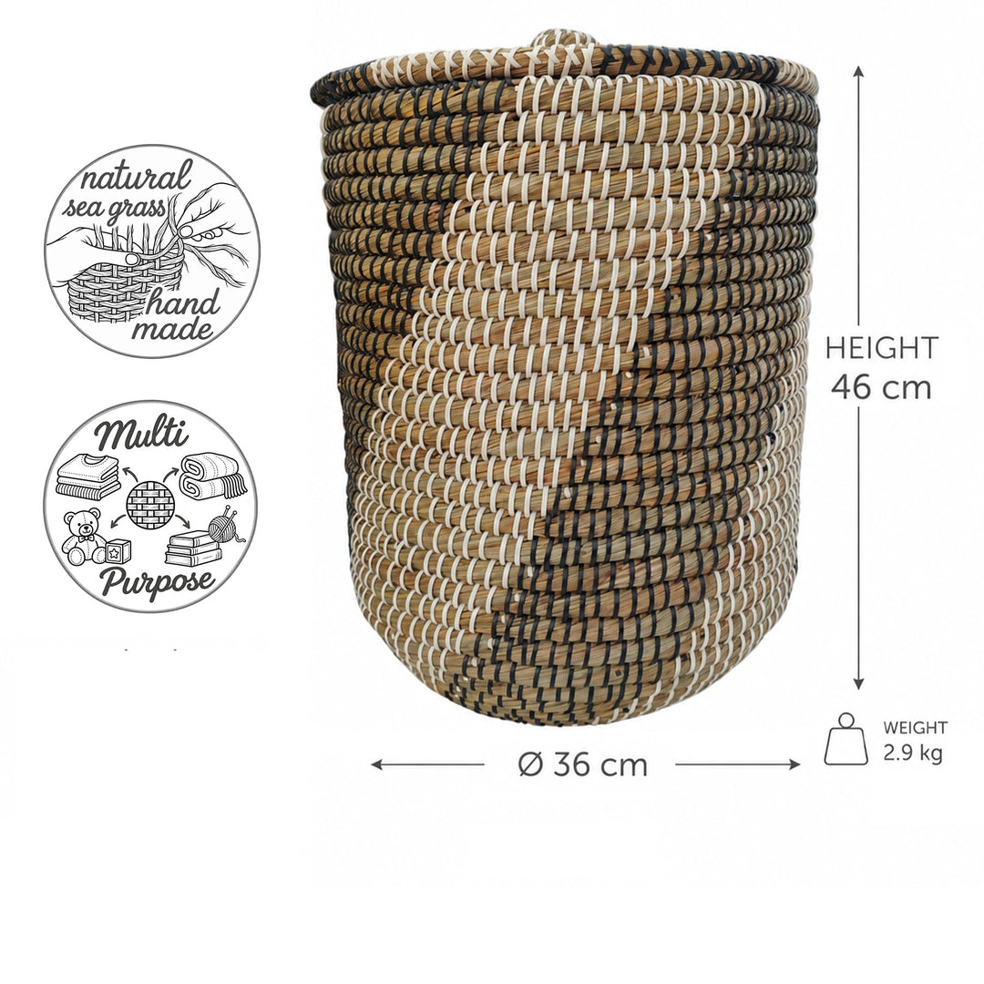 Wäschekorb aus Seegras in Natur/Schwarz/Weiß: Ø 36 cm, 46 cm Höhe, ca. 40 Liter Volumen und 2,9 kg Gewicht.