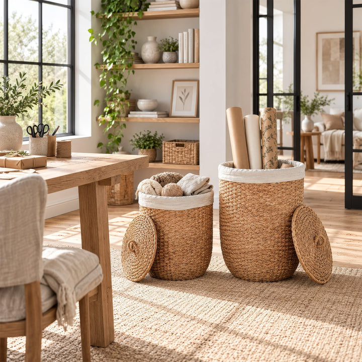 Zwei Seegraskörbe mit Wolle, Stoffen und Geschenkpapierrollen im Bastelzimmer, die Deckel seitlich angelehnt.