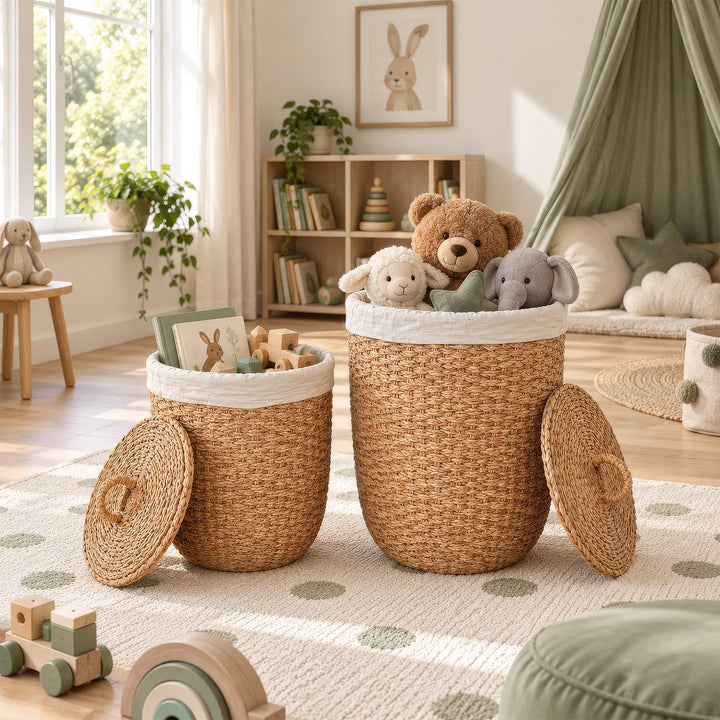 Zwei Seegraskörbe mit Büchern, Holzspielzeug und Kuscheltieren im Kinderzimmer, die Deckel seitlich angelehnt.