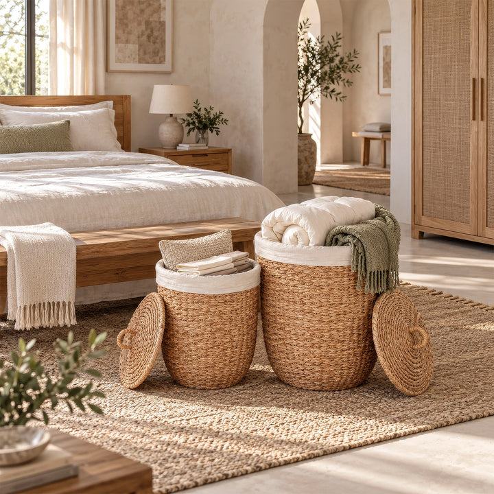 Zwei Seegras-Wäschekörbe mit Bettwäsche, Kissen und Decken vor dem Bett im Schlafzimmer, die Deckel seitlich angelehnt.