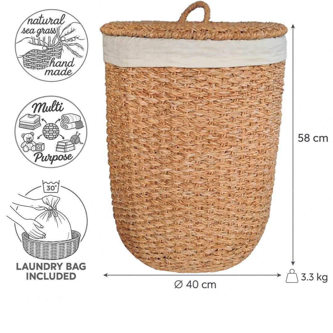 Maße des Wäschekorbs mit Deckel aus Seegras: Ø 40 cm, Höhe 58 cm, 3,3 kg; Wäschebeutel bei 30 °C waschbar.