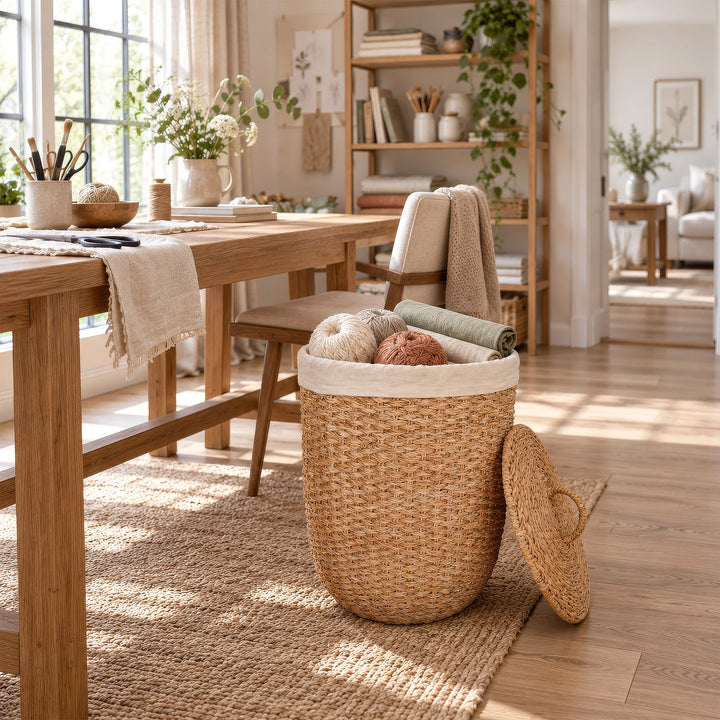 Offener Wäschekorb aus Seegras mit hellem Stoffeinsatz, Wolle und Stoffrollen sowie angelehntem Deckel im Nähzimmer.