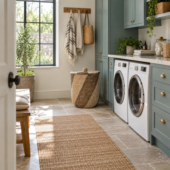 Wäschekorb aus Seegras in Natur/Schwarz/Weiß mit geschlossenem Deckel und ca. 65 Litern Volumen in der Waschküche.