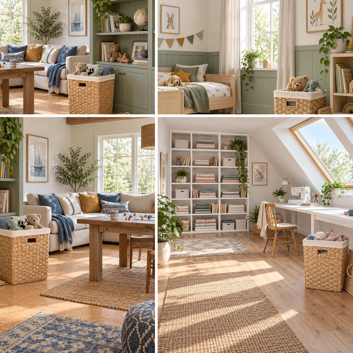 Collage: Quadratischer Seegraskorb, ca. 55 Liter, für Kuscheltiere und Wolle im Wohn-, Kinder- und Nähzimmer.