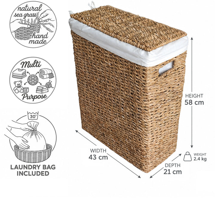 Schmaler Wäschekorb aus Seegras mit 45 Litern Volumen: 43×21×58 cm (B×T×H), 2,4 kg, mit Deckel und Wäschesack.
