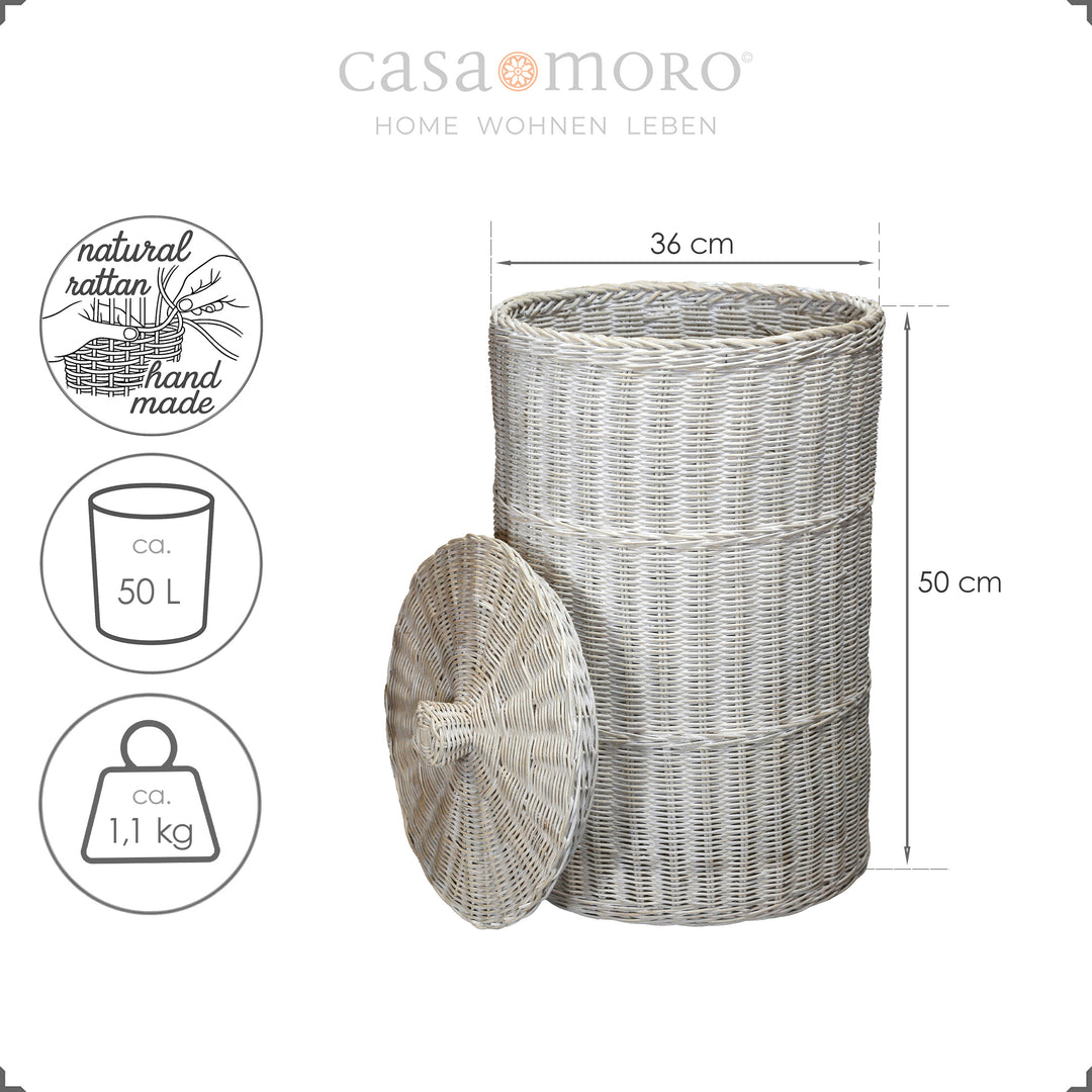 Kompakter Wäschesammler in White-Wash-Optik, ca. 50 cm hoch, aus Natur-Rattan handgeflochten