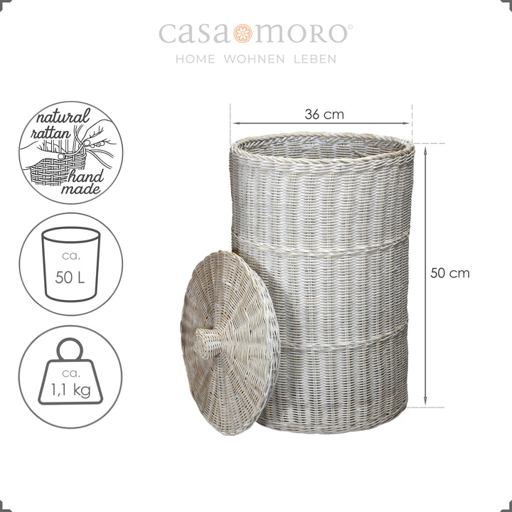 Kompakter Wäschesammler in White-Wash-Optik, ca. 50 cm hoch, aus Natur-Rattan handgeflochten