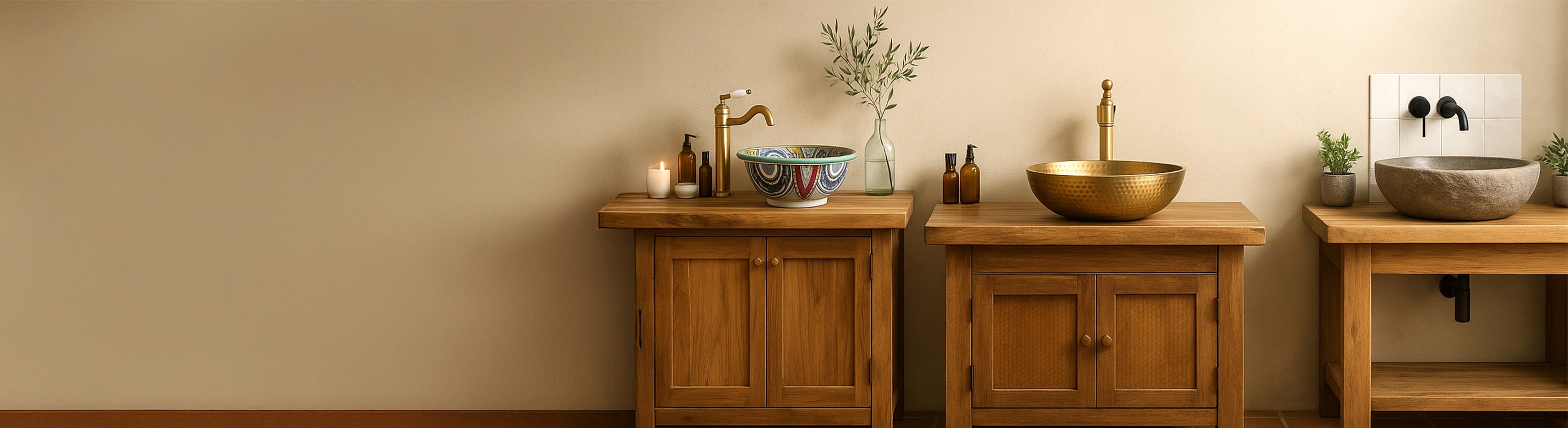 Waschbecken – Drei hochwertige Waschbecken aus Naturstein, Metall und Keramik auf rustikalen Holz-Waschtischen vor heller Wand – modernes Showroom-Ambient